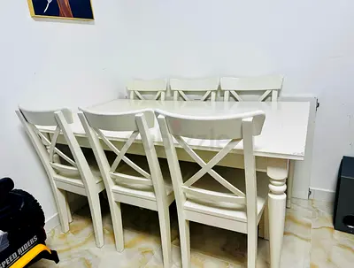 Ikea White Wooden Dining Table (extendable) with chairs