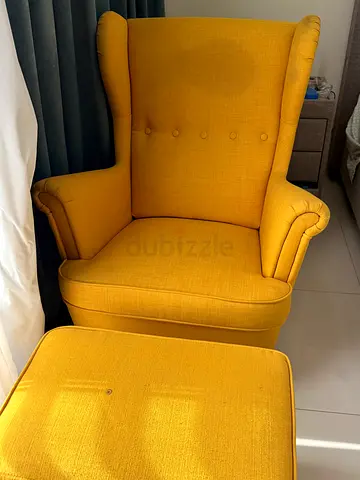 Yellow Upholstered Wingback Armchair with stool - Good Condition