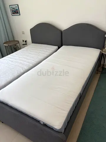 Grey Fabric Two Single Bed Frames with Headboard and Mattress( Perfect Condition)