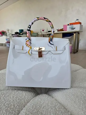 White Patent Top-Handle Handbag with Scarf-Wrapped Handle