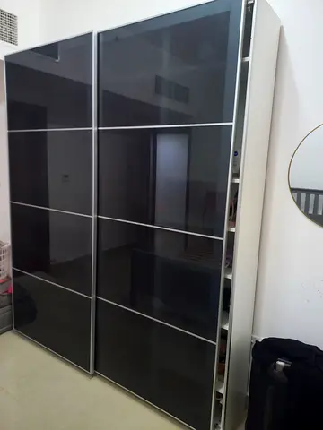 Large Modern Sliding Door Wardrobe — Black Glass Panels, White Frame