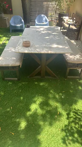 Marble outdoor table and antique train track benches UNIQUE