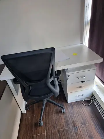 2 White Office Desk with Lockable Pedestal and Ergonomic Mesh Chair - Used