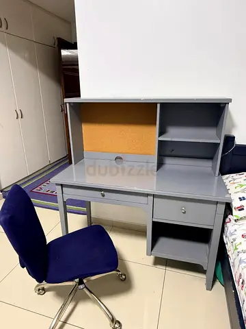 Grey study desk with hutch and swivel chair - good condition