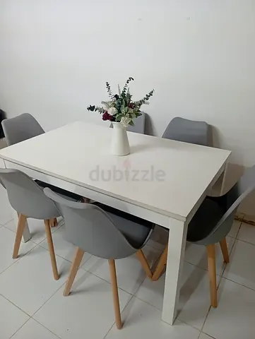 Extending White Dining Table with 6 Grey Chairs — Modern Set
