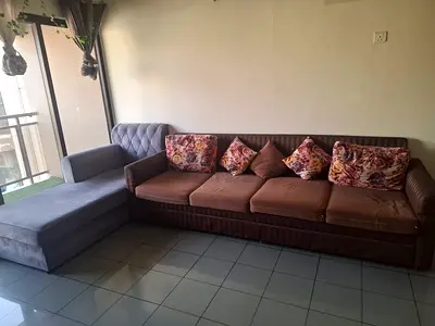 L-shaped 4-seater Sofa with Chaise - Brown Velvet  Grey Upholstery