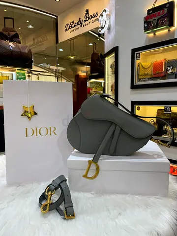 Christian Dior Grained Calfskin Grey Stone Saddle Bag (Authentic/PreOwned)