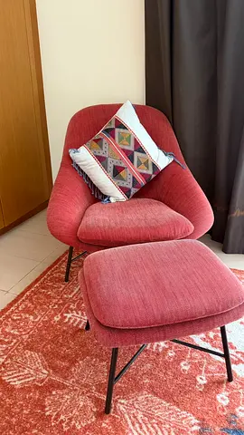 Comfortable Red Lounge Chair with Ottoman and Cushion - Good Condition