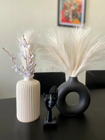 Set of Decorative Vases with Pampas Grass and Sculptural Accent