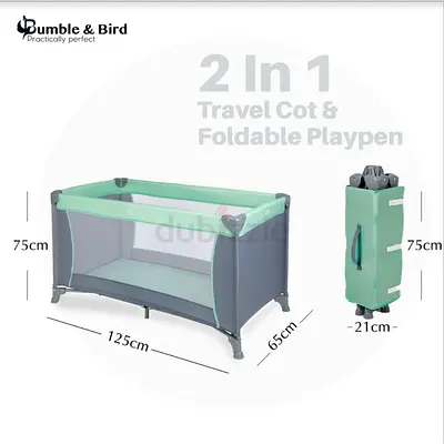 Bumble  Bird 2-in-1 Travel Cot and Foldable Playpen - Mint/Grey