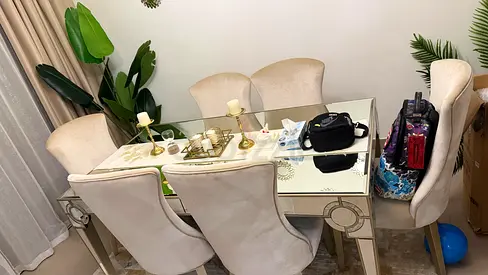 Mirrored Glass Top Dining Table with 6 Beige Velvet Chairs - very Good Condition
