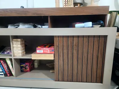 PAN Home Tv unit upto 75 inches - brown
Wooden TV Stand / Media Console with Sliding Tambour Door
