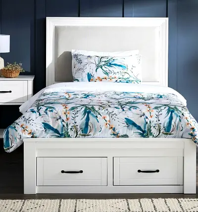 Two White Wooden Single Bed Frame with Underbed Drawers And New Mattress