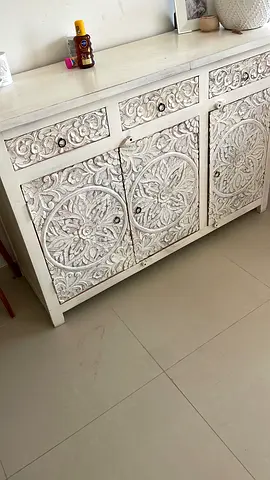 White Carved Vintage Wooden Sideboard / Storage Cabinet