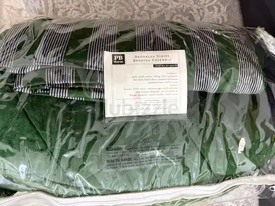PB Dorm Brooklyn Stripe Bedding Ensemble - Green, New in Packaging