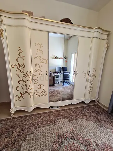 Ivory Vintage 6-Door Wardrobe with Mirror and Floral Carvings