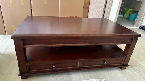 Solid Wood Coffee Table with Lower Shelf and Drawers - Dark Brown