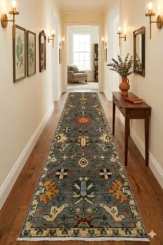 80 x 431 cm Afghan hand knotted Runner Rug carpet —  Hallway Carpet, Teal  Beige