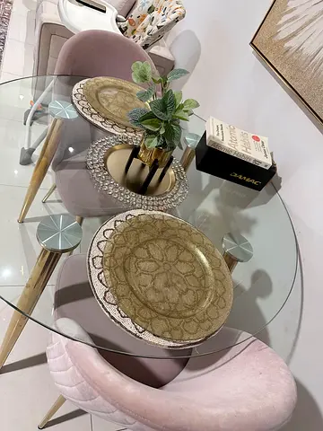 Glass Round Dining Table with 2 Pink Velvet Chairs - Elegant Set