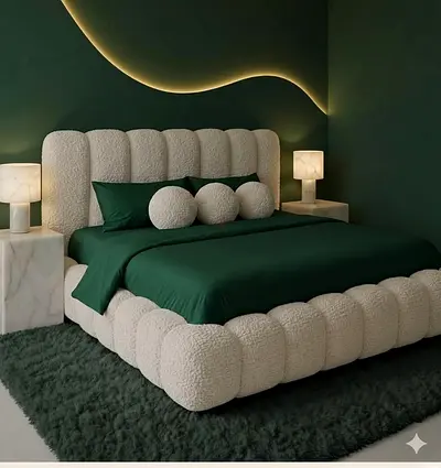 Plush Bouclé Upholstered Bed with Low Frame and Padded Headboard - Queen
