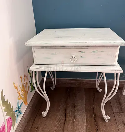 White Distressed Side Table with Drawer — Shabby Chic Bedside/Accent Table