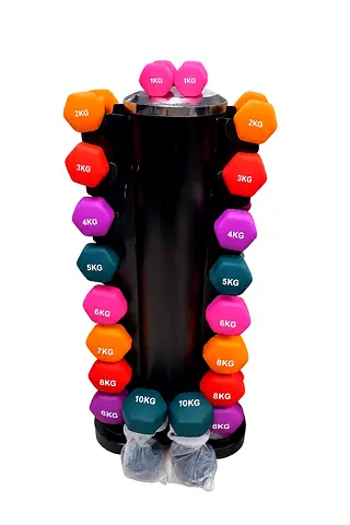 Complete set of colorful dumbbells with vertical storage rack