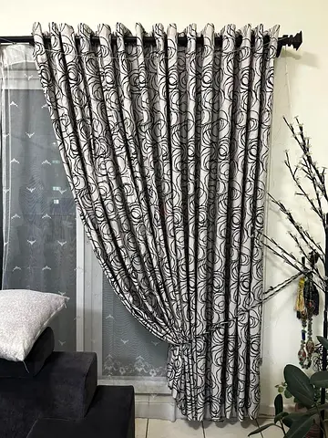Grey and White Patterned Eyelet Curtains (Pair) - Ready to Hang