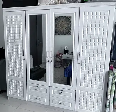 White 5-Door Wardrobe with Mirrors and Drawers
