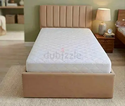 Single Bed Frame with Upholstered Headboard and Base - Beige