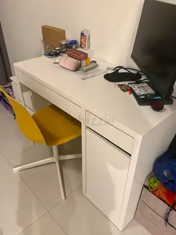 White Compact Study Desk with Drawer and Cabinet + Chair - Good Condition