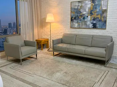 Calia Italia Modern 3-Seater Leather Sofa with Matching Armchair - Light Grey