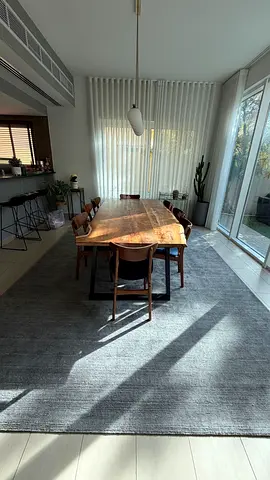 Solid Live-Edge Wood Dining Table with Metal Legs (Seats 8-10)- Grey rug - 8 chairs from west elm