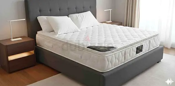 Queen mattress and upholstered bed frame with 2 bedside tables - used