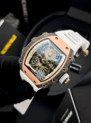 RM 21-01 Mens Skeleton Sport Master Copy Watch with Rose Gold Bezel and White Rubber Strap