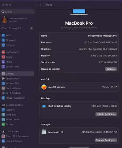 MacBook Pro 13-inch)- Intel Core i5, 8GB RAM, 512GB
