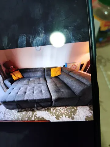 Large L-shaped Grey Fabric Sofa - Good Condition