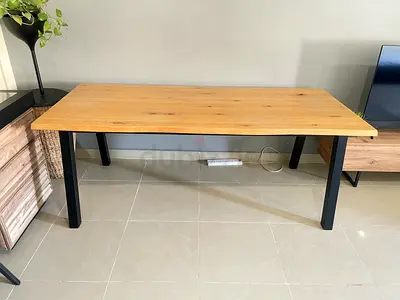 Natural Oak Dining Table 90x200cm - Solid Top with Black Metal Legs