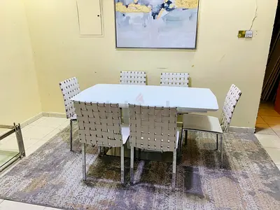 White Dining Table with 6 Woven Strap Chairs - Modern Set