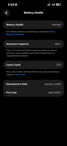 iPhone with 89% Battery Health, First Used Apr 2024
