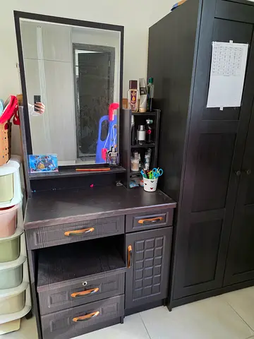 Dark Wood Dressing Table with Mirror and Storage - Good Condition and side table