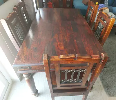 Solid Wood Dining Table with 6 Carved Chairs - Good Condition