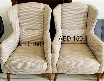 Pair of Beige Upholstered Wingback Armchairs - Good Condition