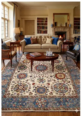 2.5 x 3m 8x10 ft Suzani Afghan hand knotted Wool Rug carpet perfect for living room - Cream  Blue