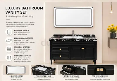Luxury Black Bathroom Vanity with Marble Top and Mirror - Brand New