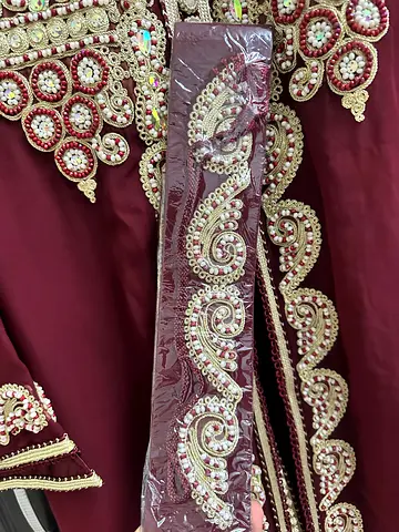 Maroon embroidered decorative border trim with beadwork - 2 pieces