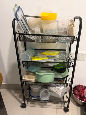 Black Metal Kitchen Trolley with Mesh Shelves — 3-Tier Storage on Wheels
