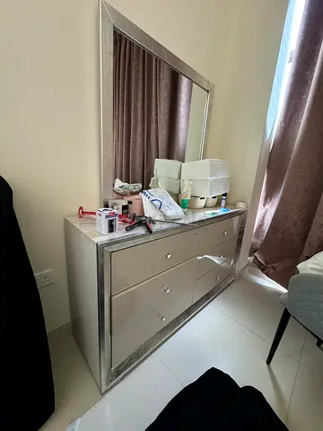 Silver mirrored dresser with large matching mirror - good condition. With bed and 2 side tables