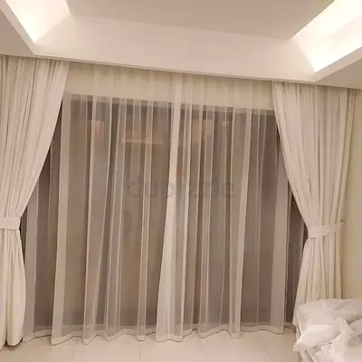 Set of White Floor-to-Ceiling Curtains with Sheer Panel