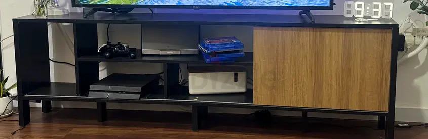 Wood and Black Metal TV Stand with Sliding Door - Good Condition
