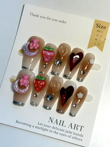 Set of 10 Press-On Nails with 3D Charms (Strawberry  Heart Design)